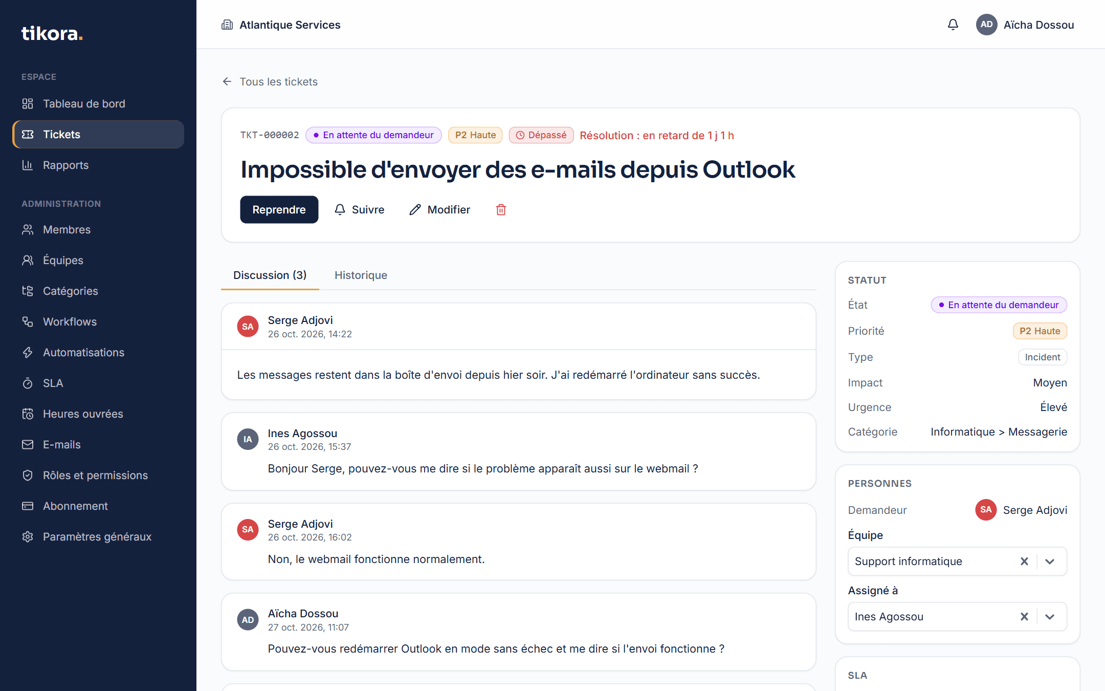 Capture de l'écran Détail d'un ticket de Tikora