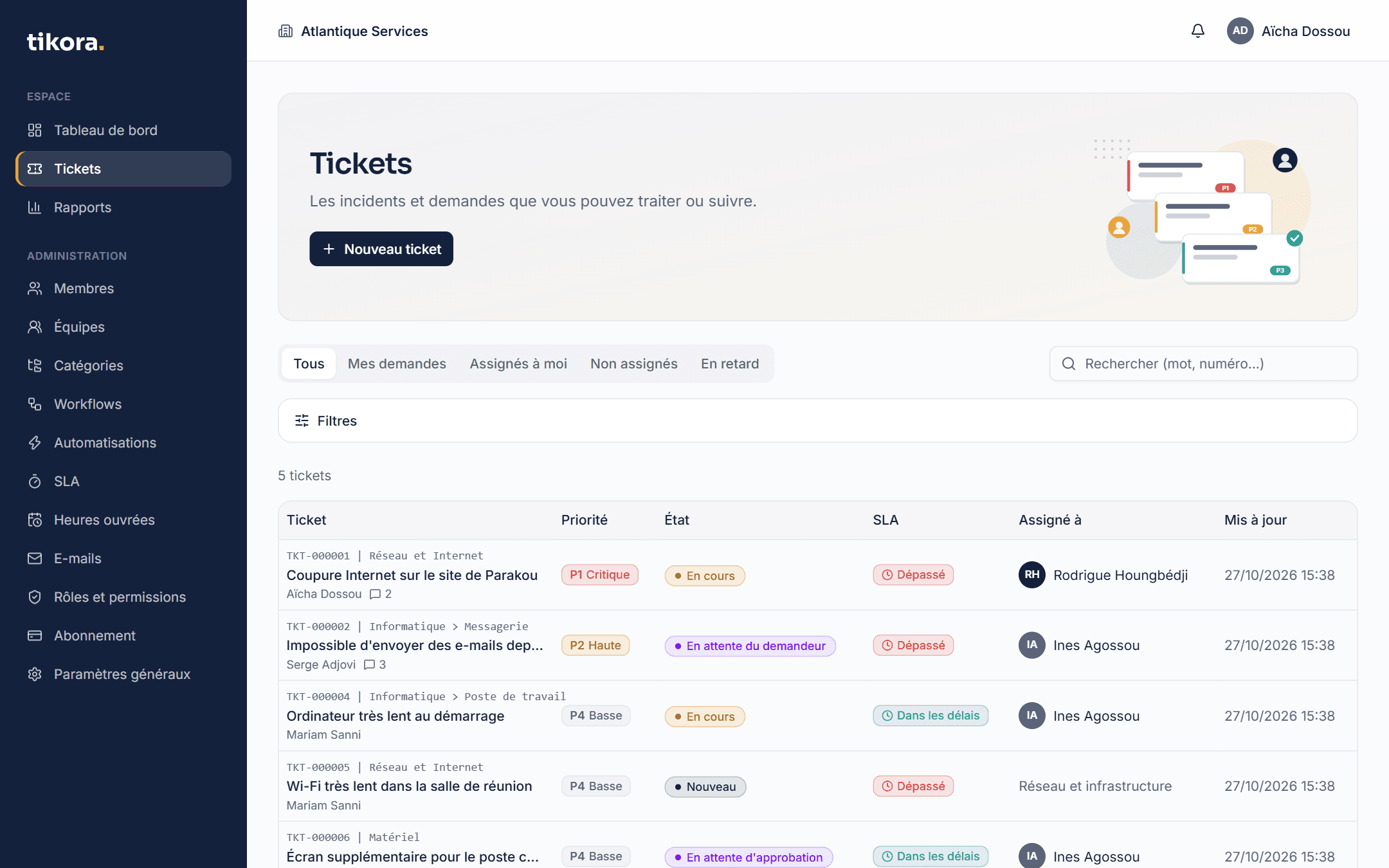Capture de l'écran Tickets de Tikora