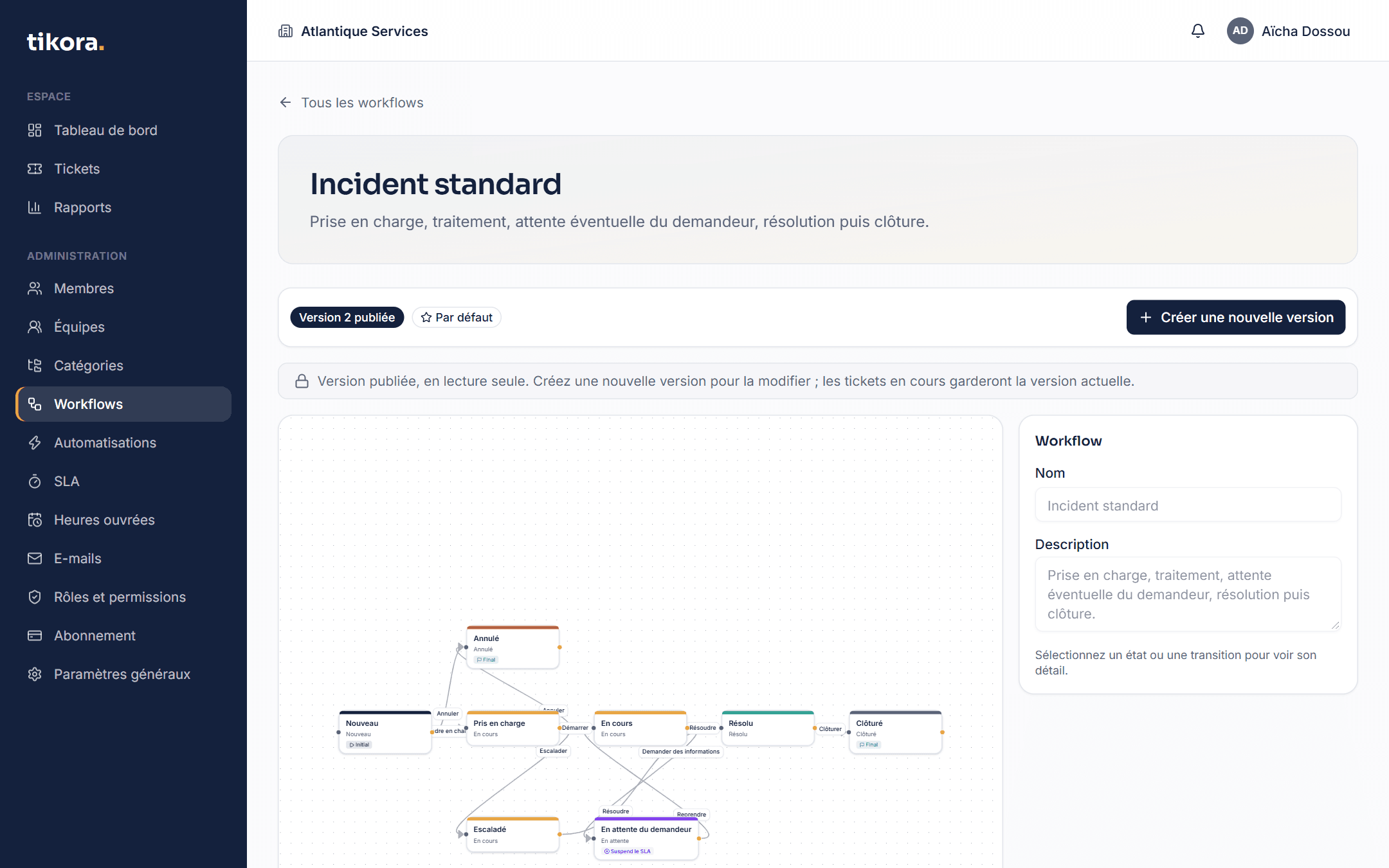 Capture de l'écran Workflows de Tikora